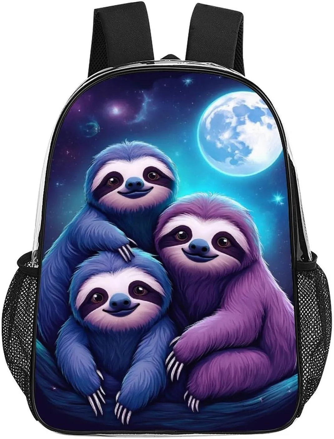 Women Men Transparent Full Moon Space Sloth Family Casual Daypack Large Capacity Bookbag With Side Pockets for Sports Picnic Walking Cycling