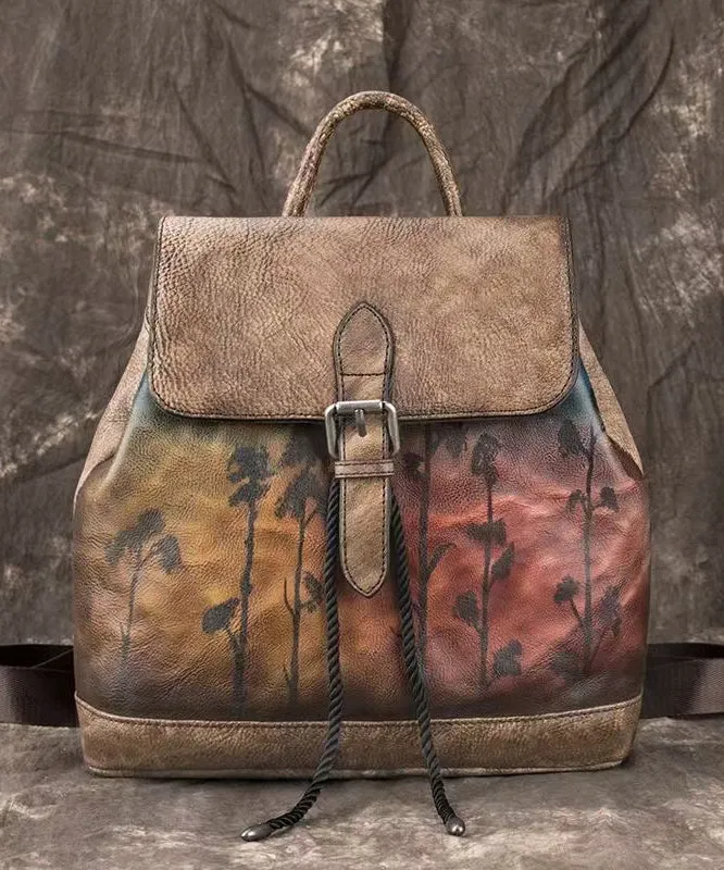 Women Pink Embossed Large Capacity Calf Leather Backpack Bag