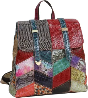 Women Random Multicoloured Backpack Genuine Leather Shoulder Handbag Colorful Patchwork Purses Campus Travel Daypack