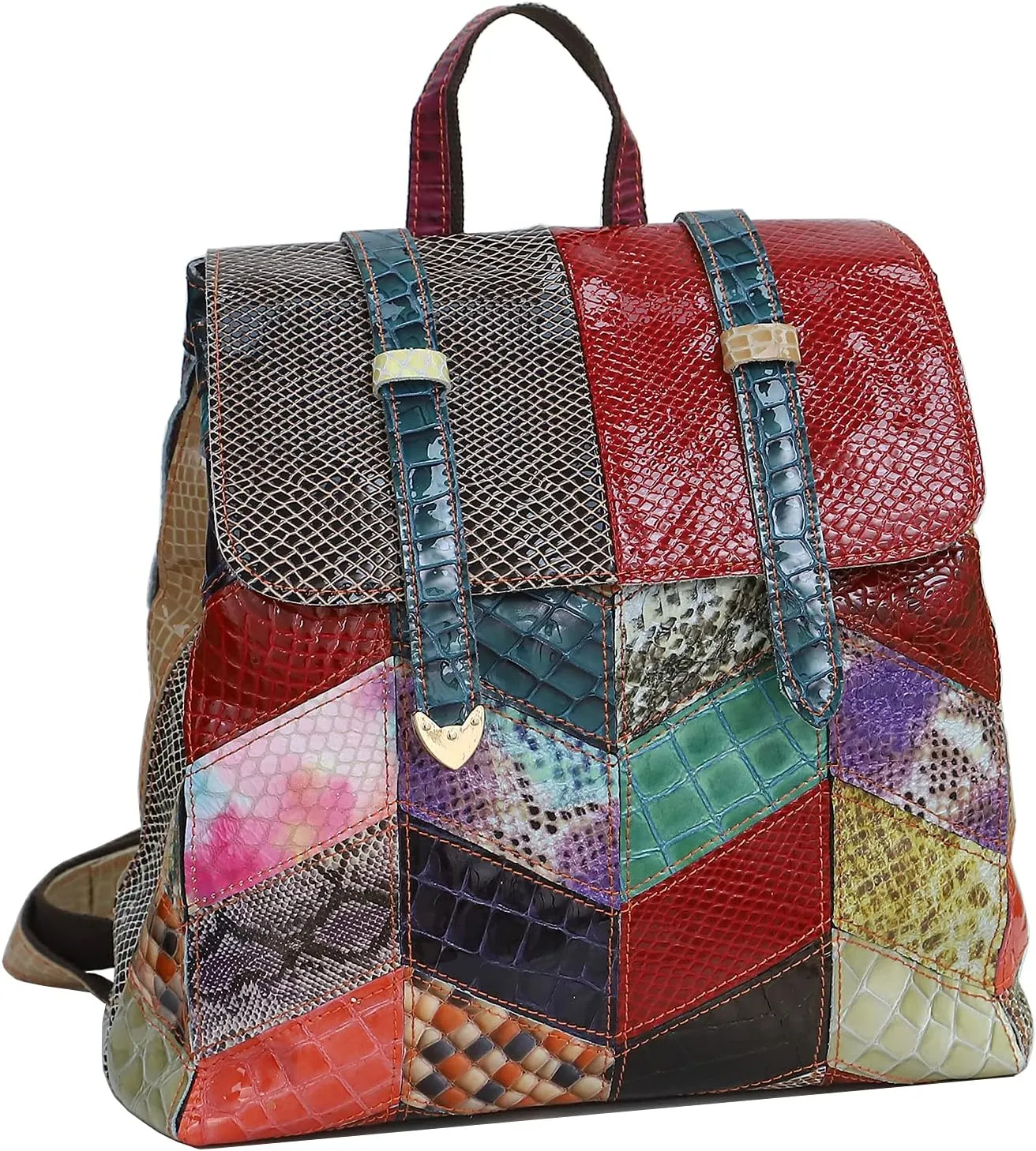 Women Random Multicoloured Backpack Genuine Leather Shoulder Handbag Colorful Patchwork Purses Campus Travel Daypack