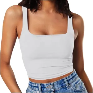 Women Sleeveless Vest Square Neck Double Layer Fitness Casual Short Top Vest N