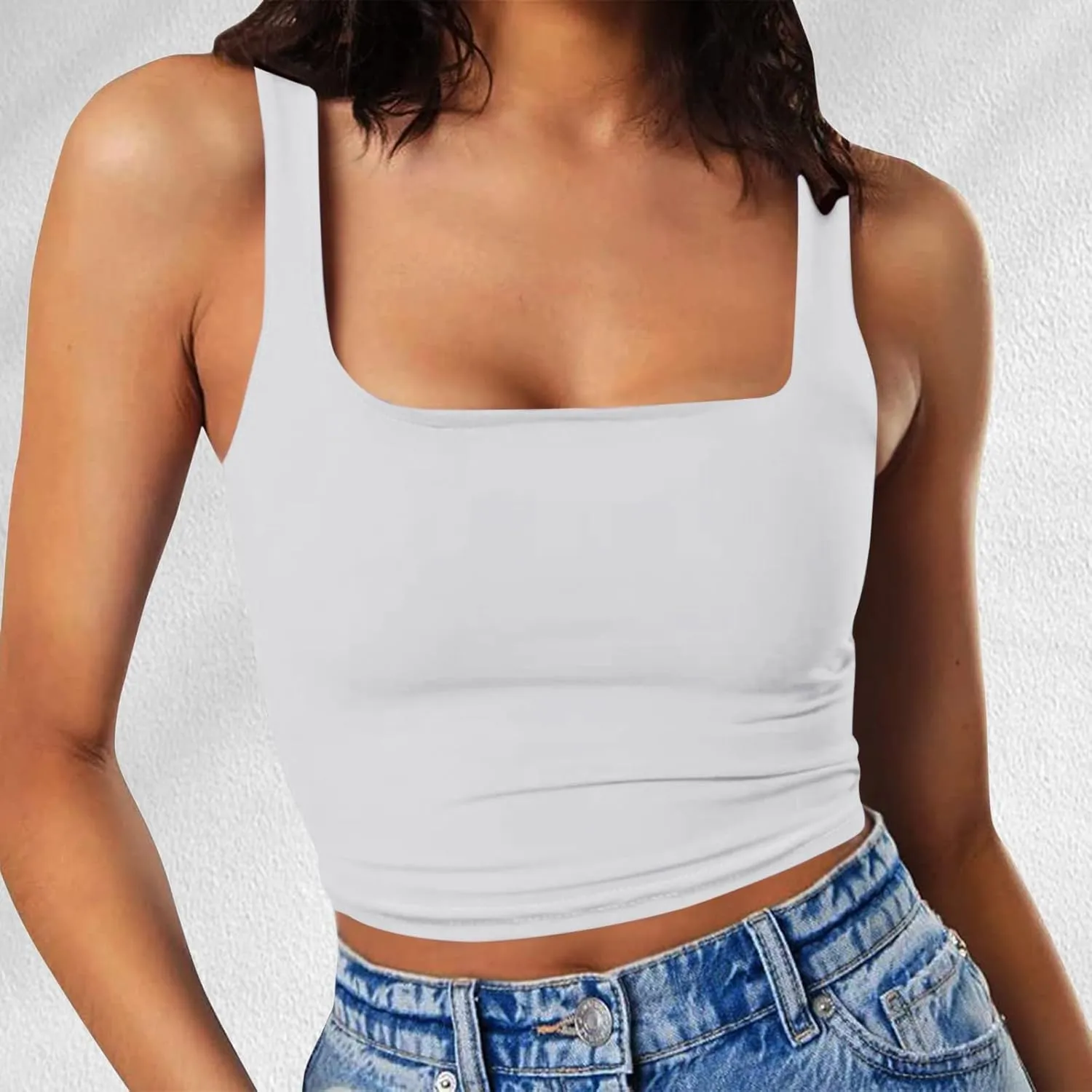 Women Sleeveless Vest Square Neck Double Layer Fitness Casual Short Top Vest N