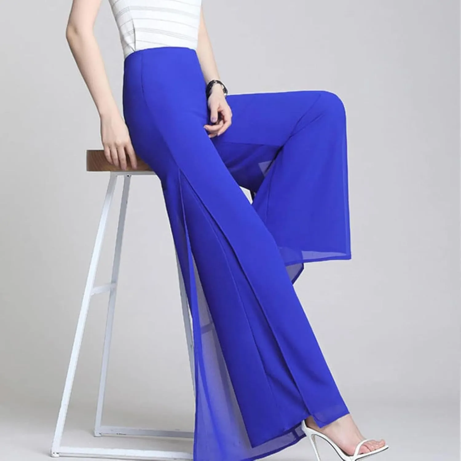 Women's Long Pants Summer Wide Leg Pants High Waist Double Layered Split Chiffon Long Pants Loose Dance Pants