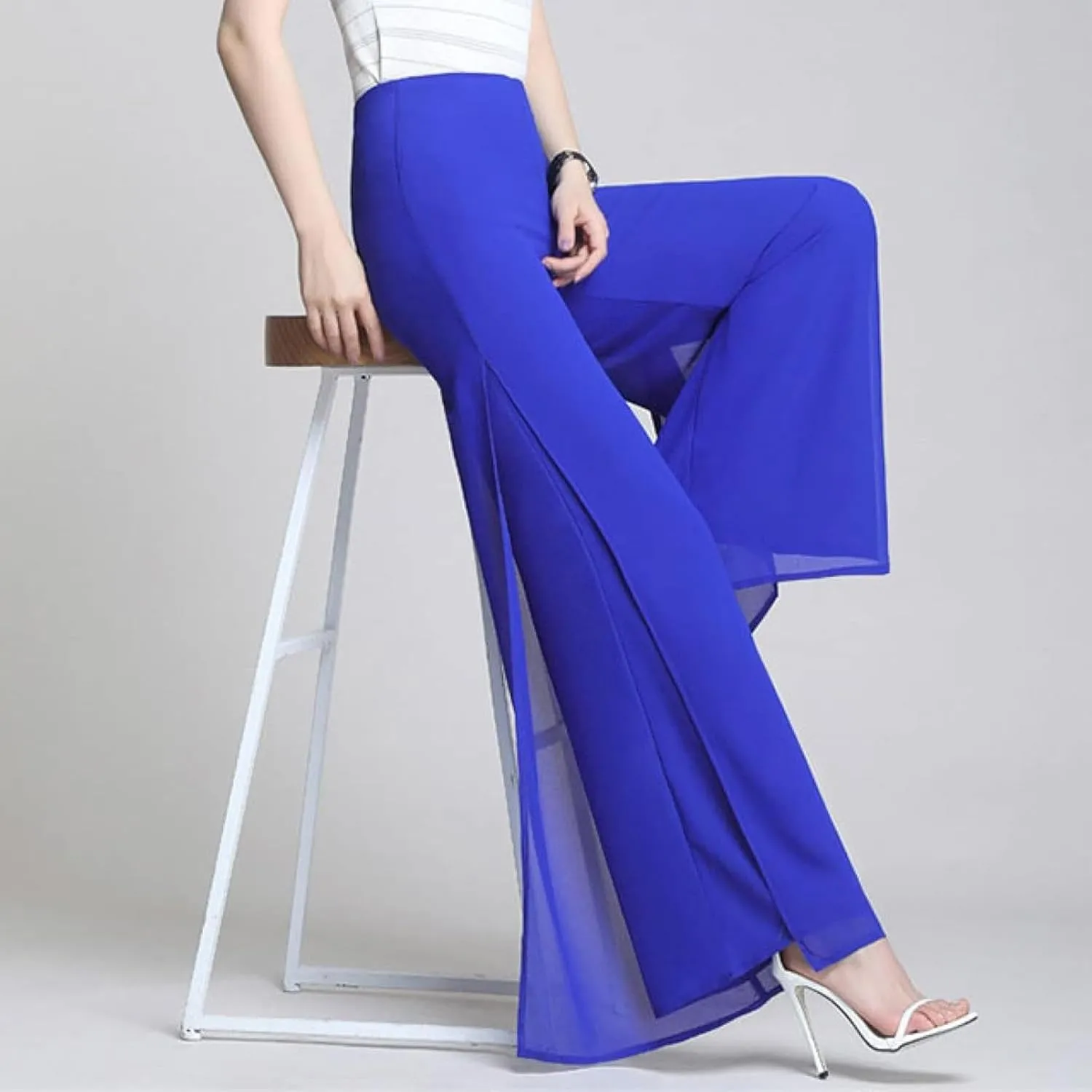 Women's Long Pants Summer Wide Leg Pants High Waist Double Layered Split Chiffon Long Pants Loose Dance Pants