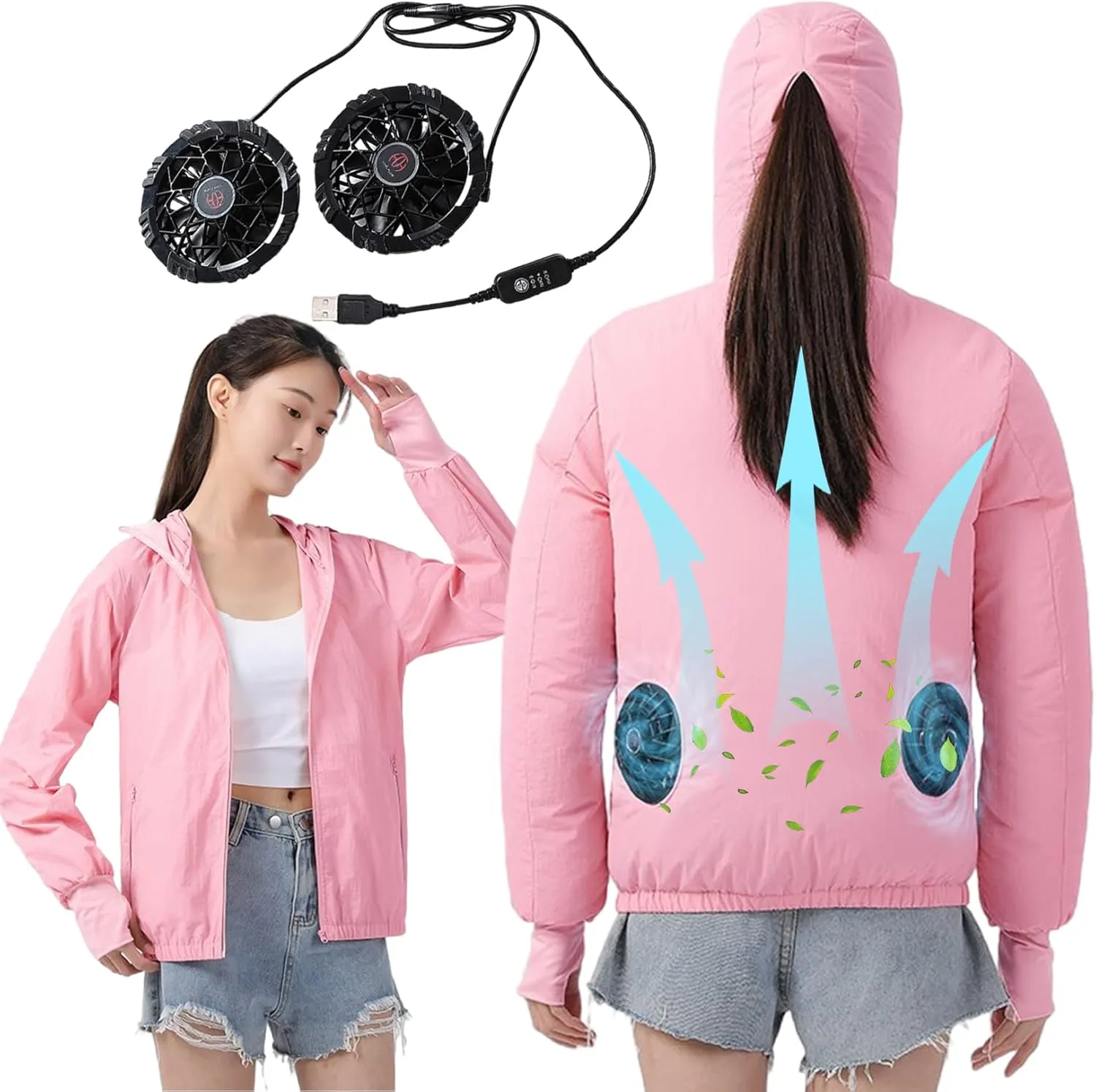 Womens USB Cooling Jacket, Air Conditioning Jacket with 2 Fans, UV Resistant Cooling AC Fan