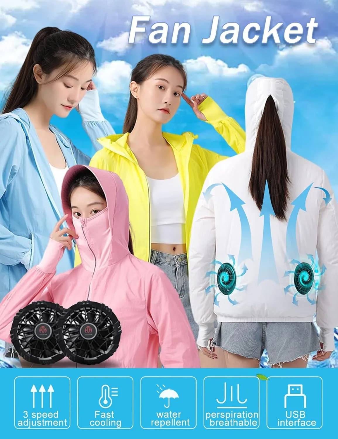 Womens USB Cooling Jacket, Air Conditioning Jacket with 2 Fans, UV Resistant Cooling AC Fan