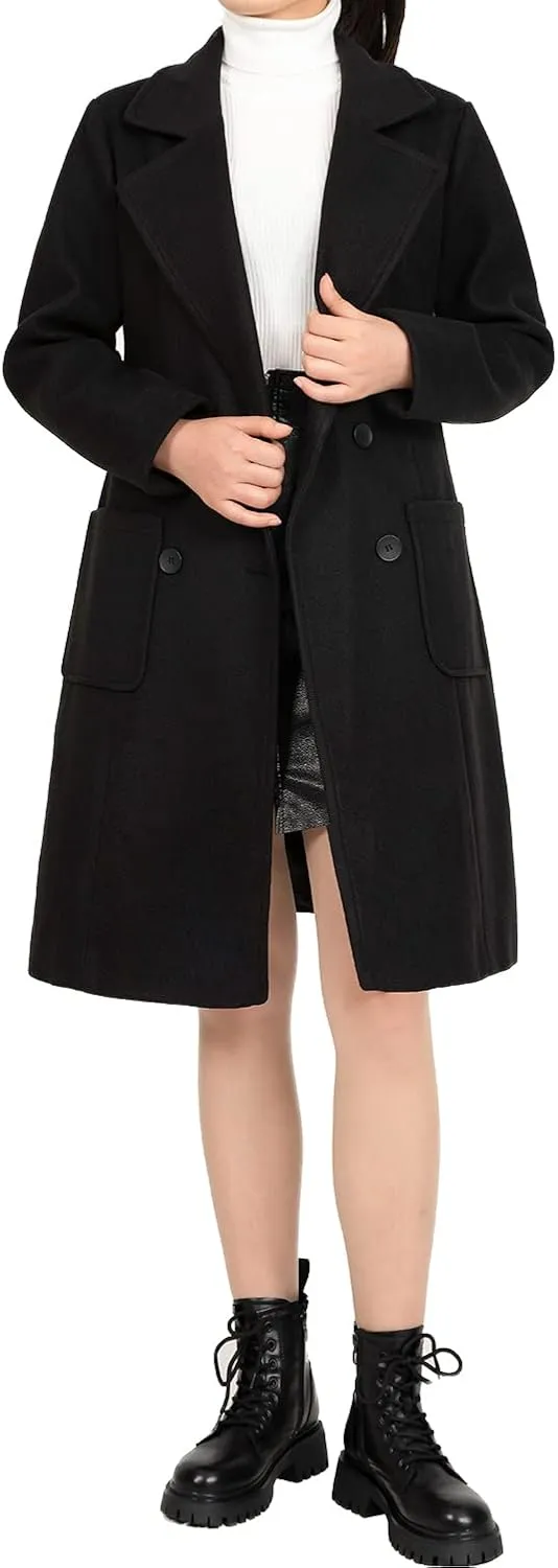 Women's Wool Trench Coat Double Breasted Pea Coat Nortched Laple Mid Long Wool Blend Overcoat Jacket