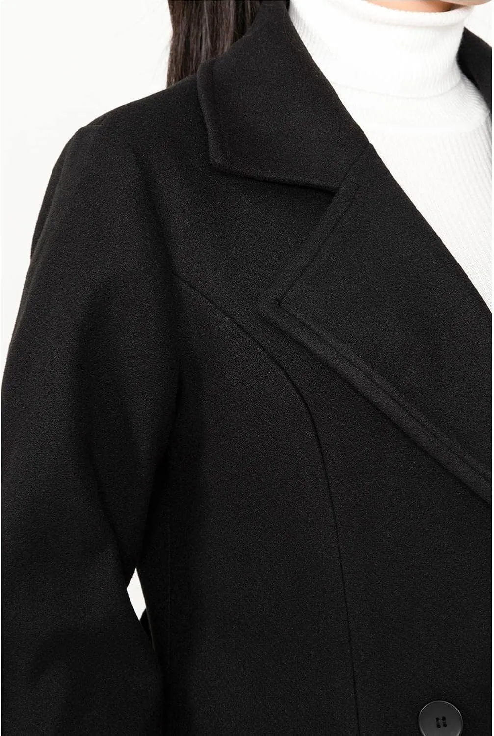 Women's Wool Trench Coat Double Breasted Pea Coat Nortched Laple Mid Long Wool Blend Overcoat Jacket