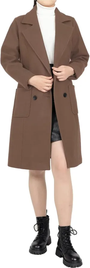 Women's Wool Trench Coat Double Breasted Pea Coat Nortched Laple Mid Long Wool Blend Overcoat Jacket