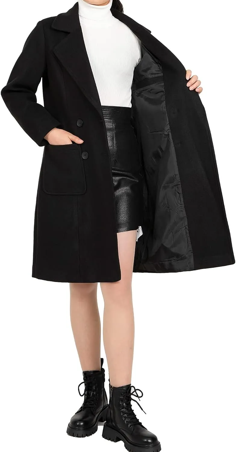 Women's Wool Trench Coat Double Breasted Pea Coat Nortched Laple Mid Long Wool Blend Overcoat Jacket