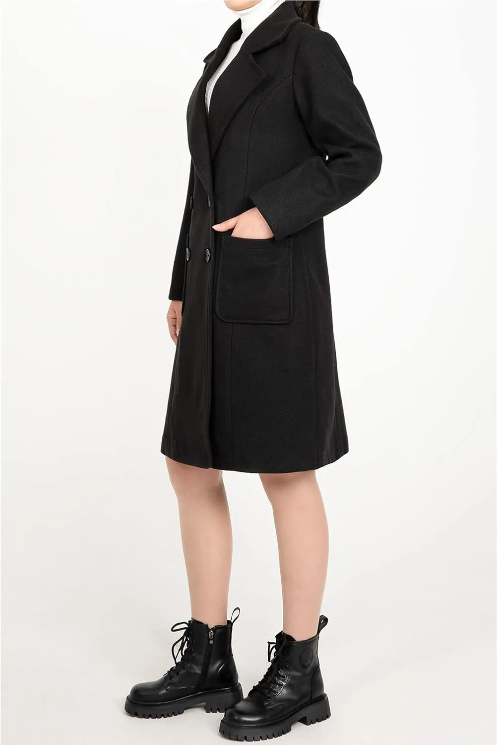 Women's Wool Trench Coat Double Breasted Pea Coat Nortched Laple Mid Long Wool Blend Overcoat Jacket