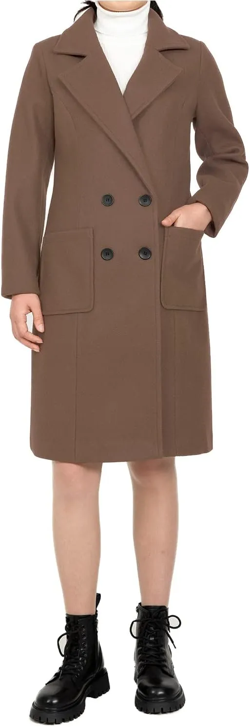 Women's Wool Trench Coat Double Breasted Pea Coat Nortched Laple Mid Long Wool Blend Overcoat Jacket