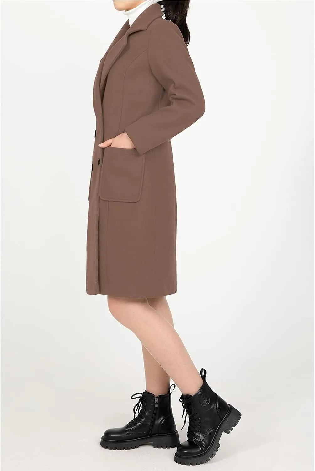 Women's Wool Trench Coat Double Breasted Pea Coat Nortched Laple Mid Long Wool Blend Overcoat Jacket