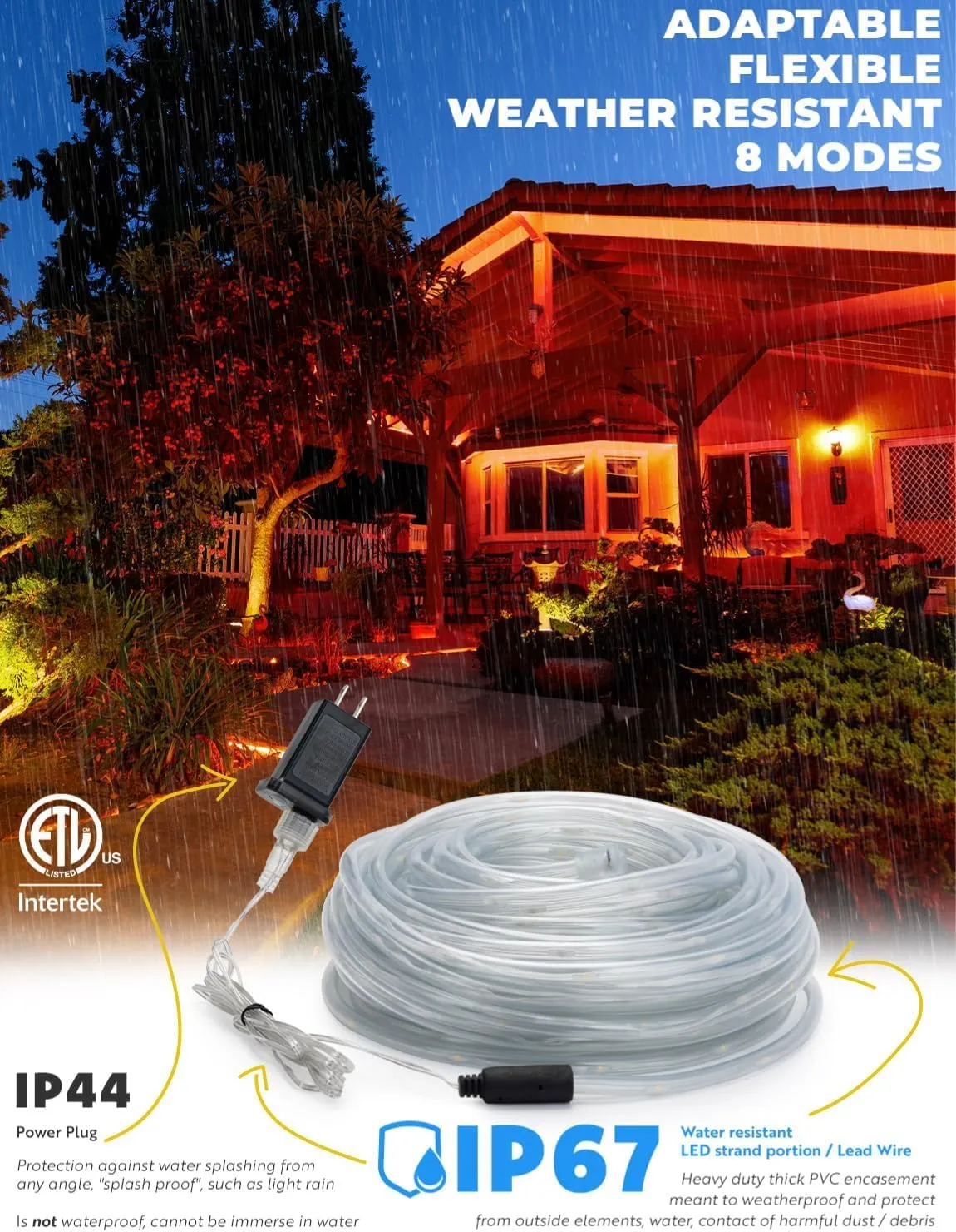 WYZworks 100ft Orange LED Rope Light - 8 Modes, Waterproof Outdoor Accent Lighting with Remote, Flexible Clear Tube, ETL Certified, Garden, Patio, Backyard, Holiday Christmas, Palm Tree, Ambient Decor