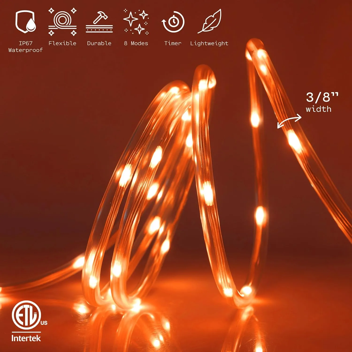 WYZworks 100ft Orange LED Rope Light - 8 Modes, Waterproof Outdoor Accent Lighting with Remote, Flexible Clear Tube, ETL Certified, Garden, Patio, Backyard, Holiday Christmas, Palm Tree, Ambient Decor