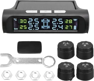 X AUTOHAUX Tire Pressure Monitoring System TPMS Wireless Solar Power and USB Charger Monitor 5 Alarm Modes LCD Color Display with 4 External Sensors Temperature Pressure for Car RV Trailer