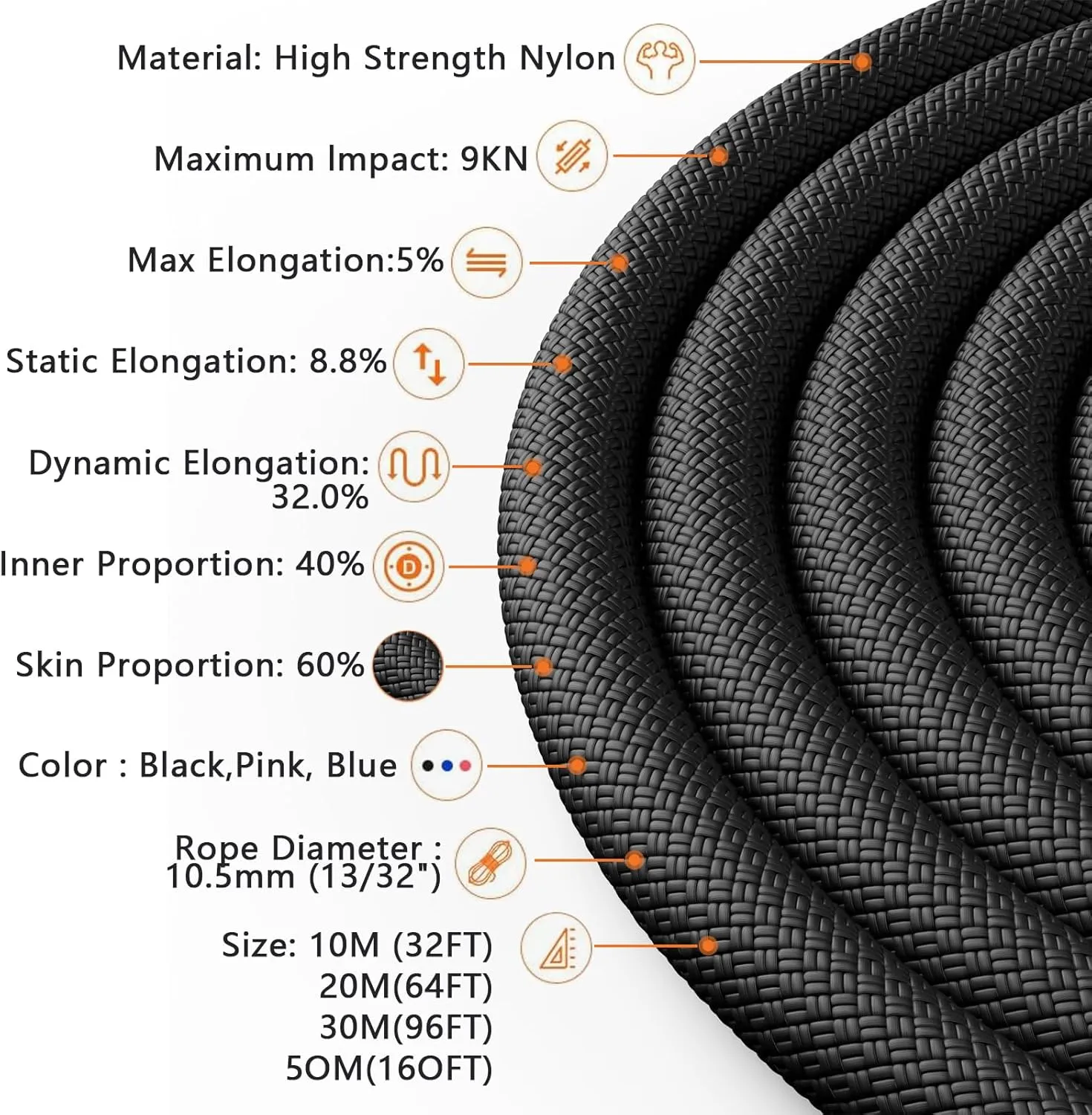 X XBEN Outdoor Climbing Rope 10M(32ft) 20M(64ft) 30M(96ft) 50M(160ft) 70M(230ft) 152M(500FT) 352M(1000FT) Static Rock Climbing Rope for Escape Rope Ice Climbing Equipment Fire Rescue Parachute