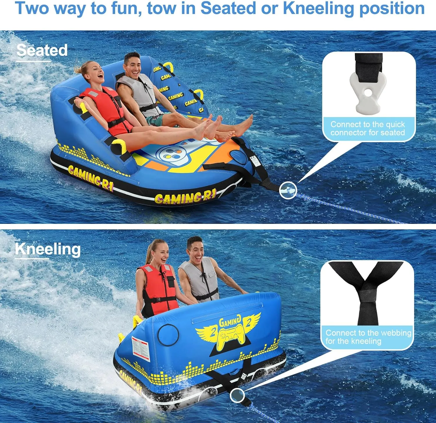 XGEAR Boat Tube Towable Tubes for Boating: 2 Person Inflatable Water Tube for Boats to Pull - Water Sports Towables for Tubing - Dual Front and Back Tow Points Full Nylon Cover - Blue