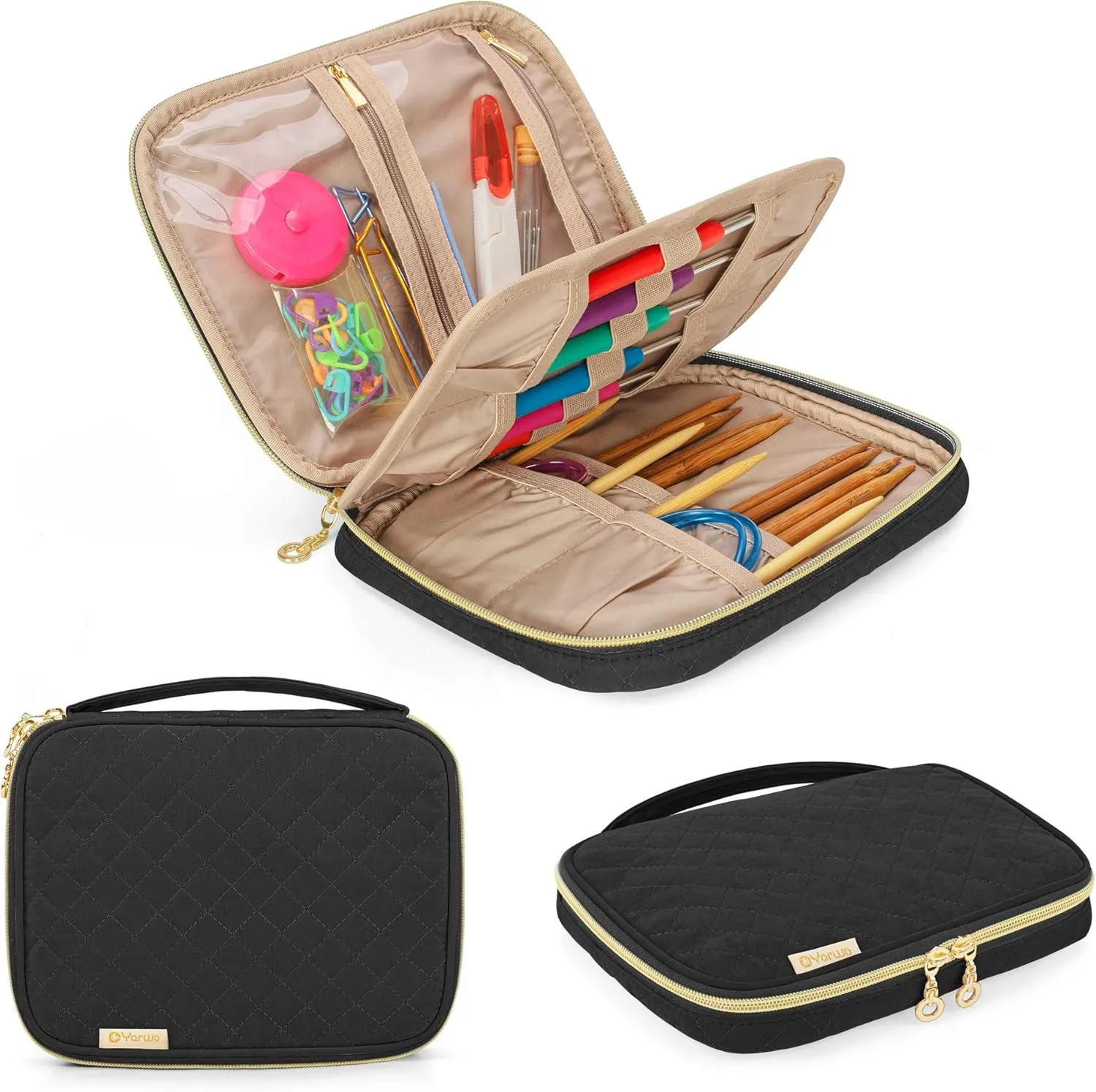 Yarwo Crochet Hook Case, Travel Organizer Holder for Crochet Hooks, Circular Knitting Needles, Knitting Needles (up to 8") and Other Supplies, Black (Bag Only, Patented Design)