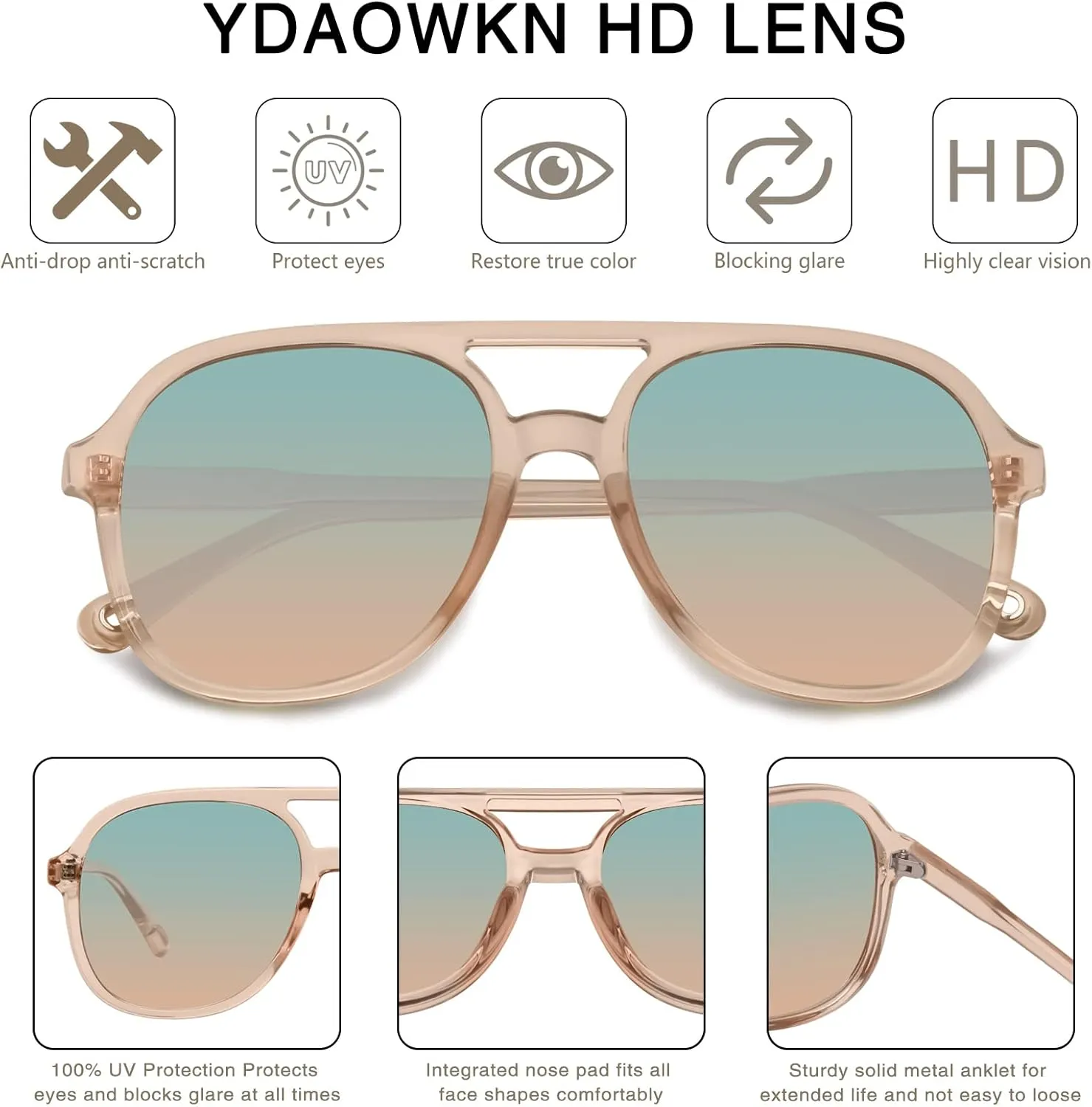 YDAOWKN Retro Square Aviator Sunglasses for Womens Mens Vintage 70s Double Bridge Sun Glasses