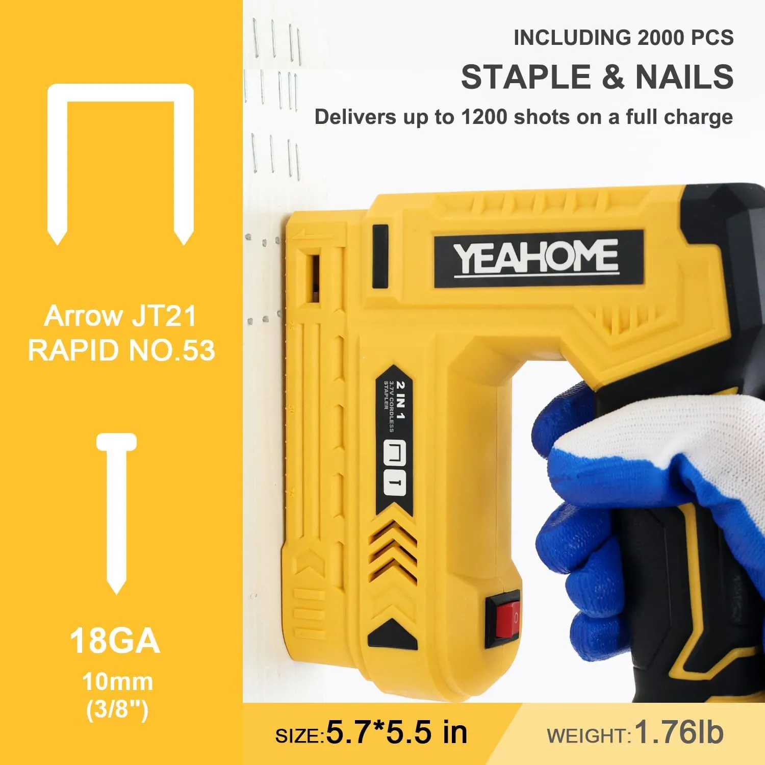 YEAHOME Electric Staple Gun, 2 in 1 Electric Light Duty Brad Nailer/Stapler, 3.7V Power Cordless Stapler Tacker with USB Charger Cable, 1000 Staples for Upholstery, Material Repair and Carpentry