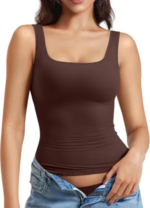 YEOREO Women's Square Neck Tank Top Crisssy Double Lined Slim Fit Sleeveless Workout Gym T Shirts Casual Basic Top
