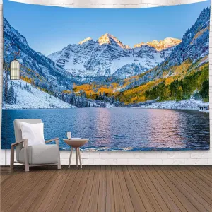 YISURE Snow Mountain Lake Landscape Colorado Winter Tapestry for Bedroom, Nature Scenery Wall Tapestry Hanging for Living Room Home Decoration, 108x81 Inch