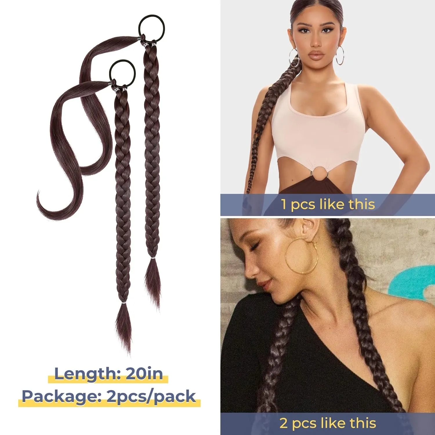 YOGFIT 2PCS DIY Braid Ponytail Extension, Long Straight Wrap Around Ponytail Hair Extensions Natural Soft Synthetic Hairpieces for Women Daily Wear