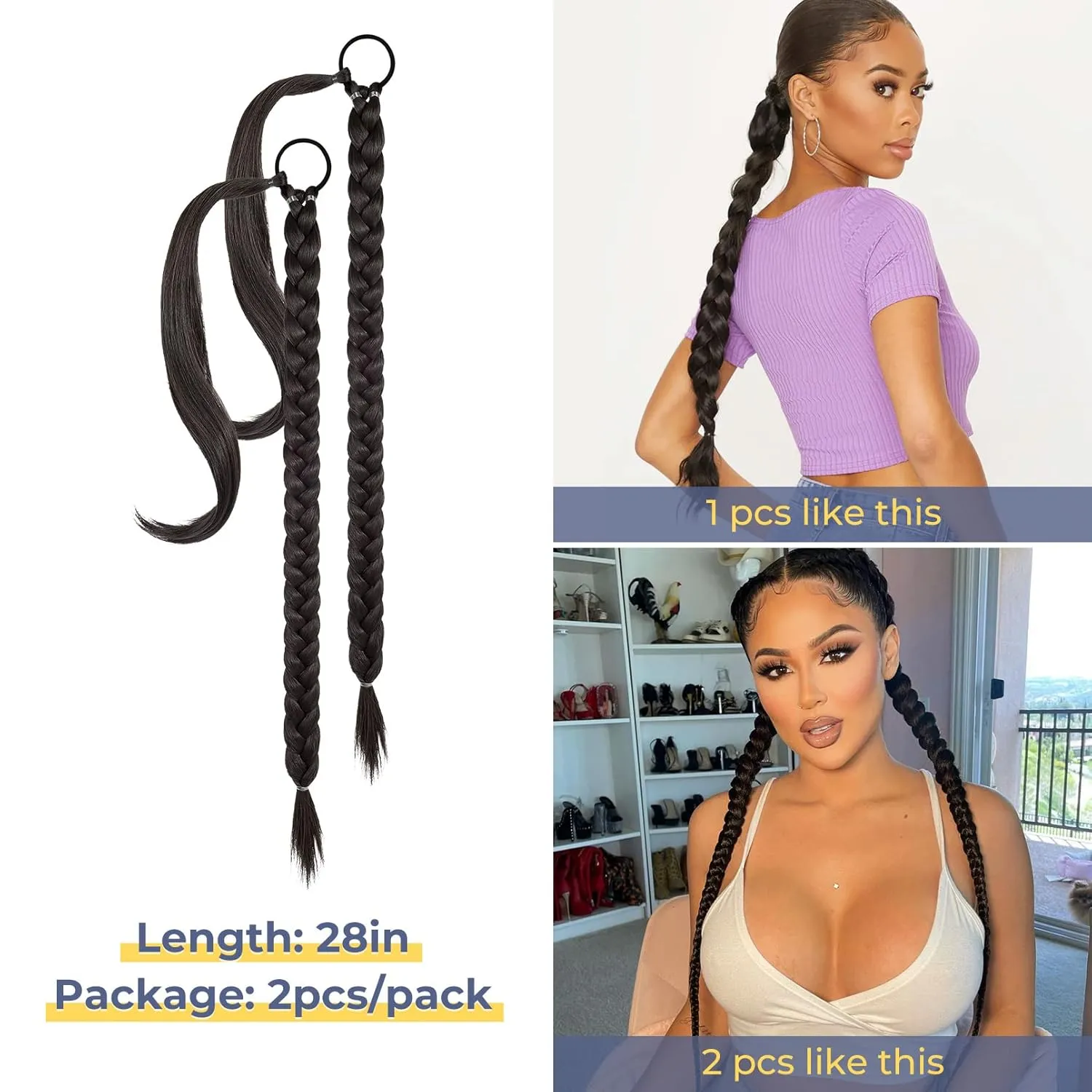 YOGFIT 2PCS DIY Braid Ponytail Extension, Long Straight Wrap Around Ponytail Hair Extensions Natural Soft Synthetic Hairpieces for Women Daily Wear