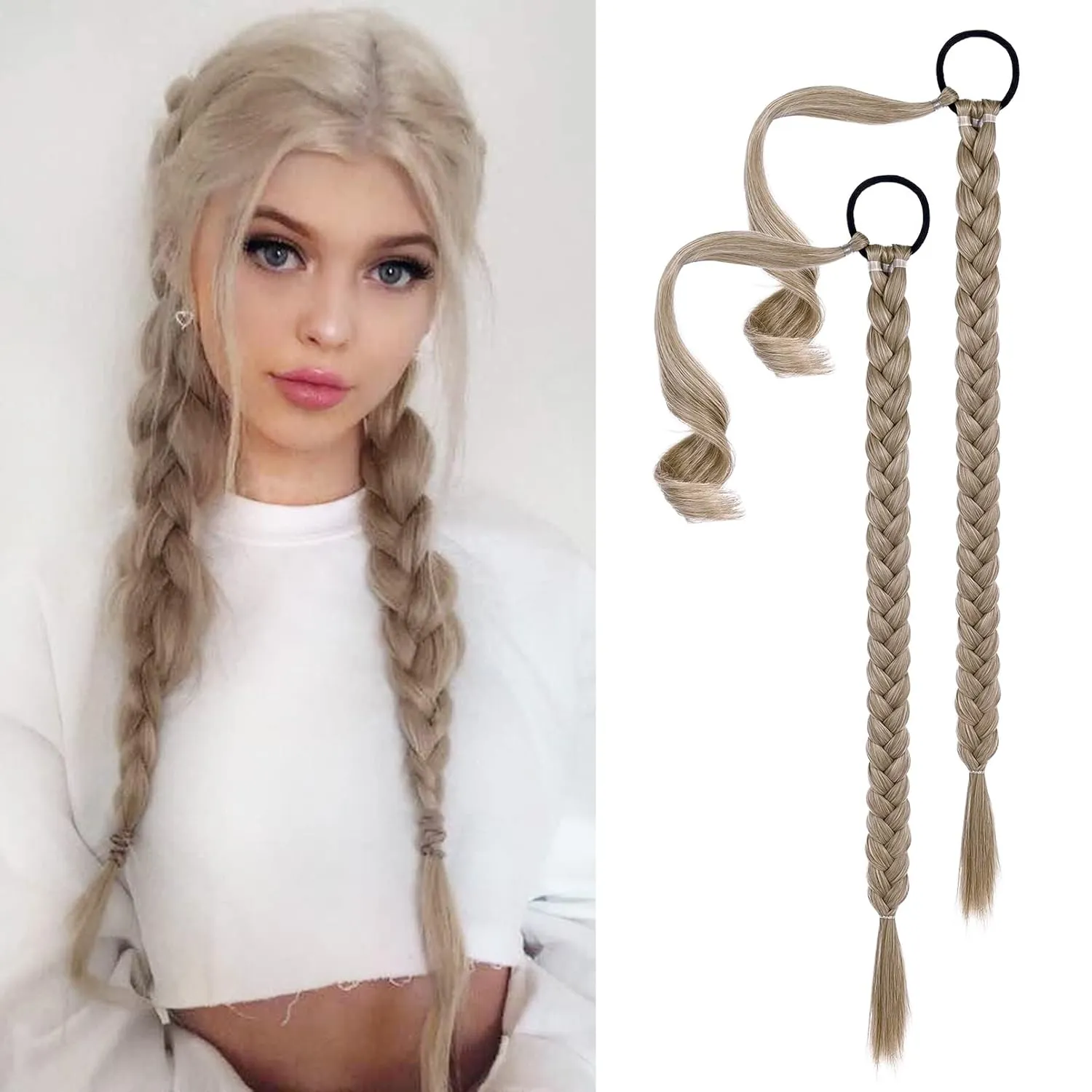 YOGFIT 2PCS DIY Braid Ponytail Extension, Long Straight Wrap Around Ponytail Hair Extensions Natural Soft Synthetic Hairpieces for Women Daily Wear