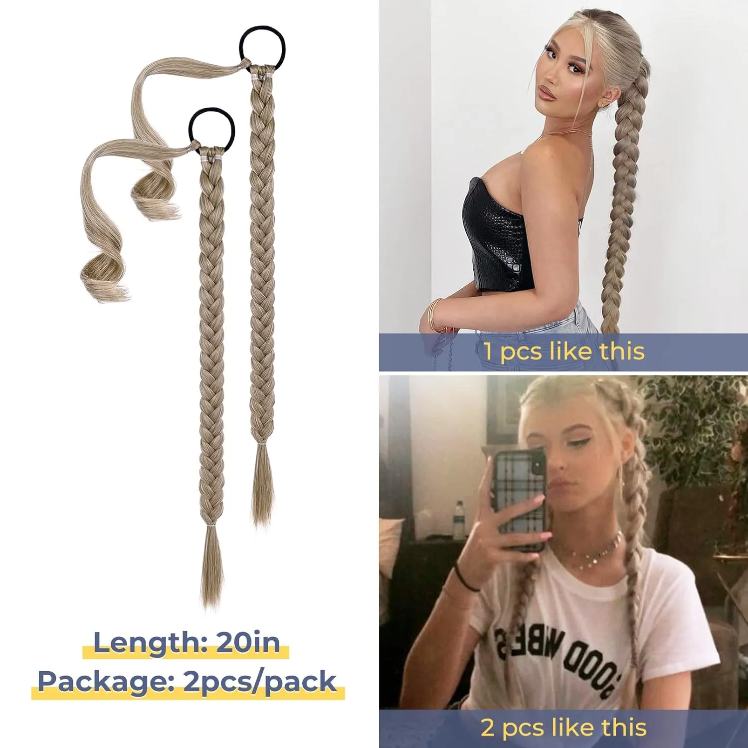 YOGFIT 2PCS DIY Braid Ponytail Extension, Long Straight Wrap Around Ponytail Hair Extensions Natural Soft Synthetic Hairpieces for Women Daily Wear