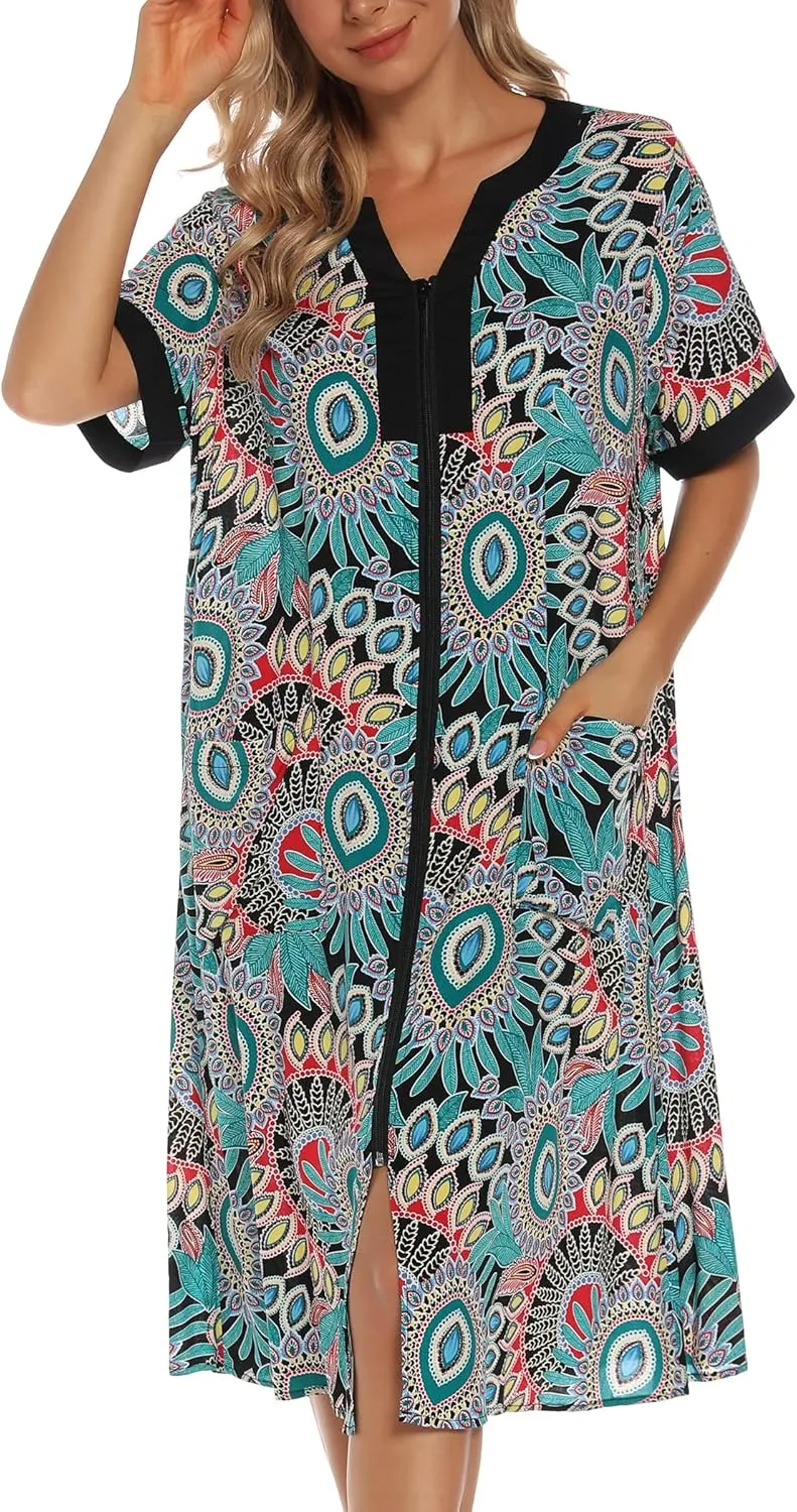 YOZLY House Dresses for Women Zipper Front Housecoat Lightweight Duster Robe with Pockets