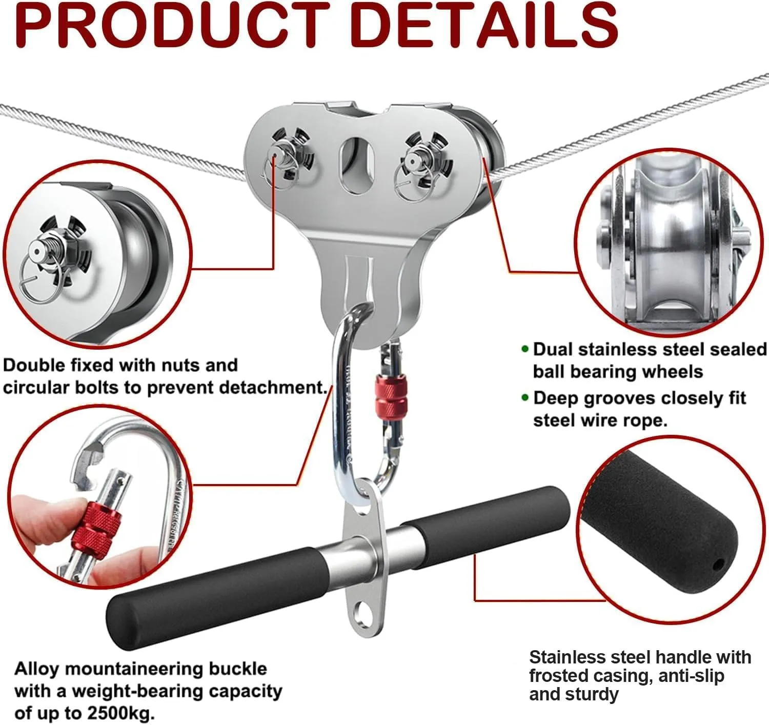 Zipline Pulley, 304 Stainless Steel Tandem Speed Double Pulley for 1/4 5/16 3/8 Cable Backyard Zipline, Hauling, Rigging and Commercial Purposes
