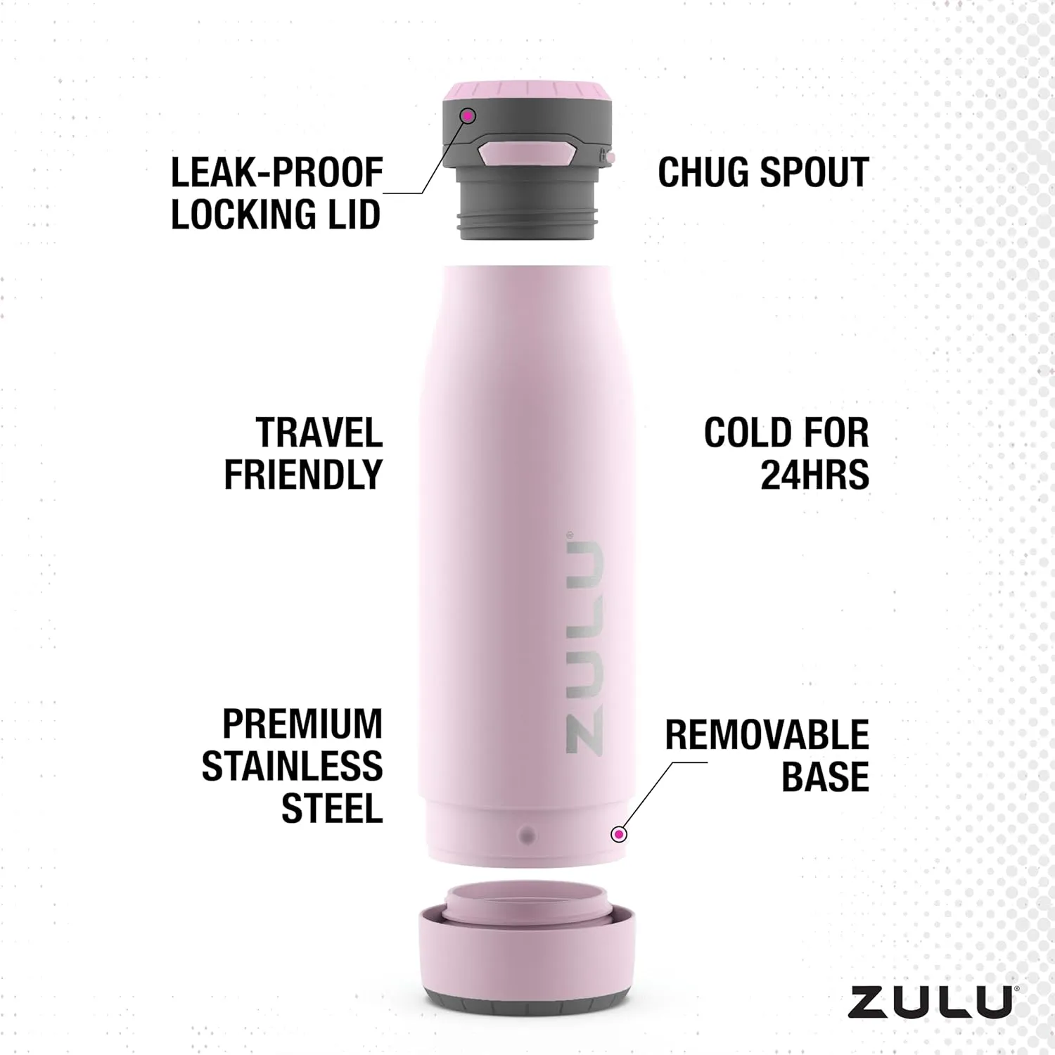 ZULU Ace Vacuum Insulated Stainless Steel Water Bottle with Chug Spout, Leak-Proof Locking Lid and Removable Base for School, Backpack, Sports, Gym, Travel